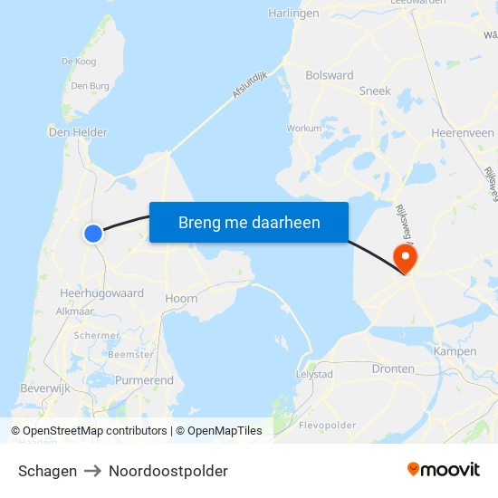 Schagen to Noordoostpolder map