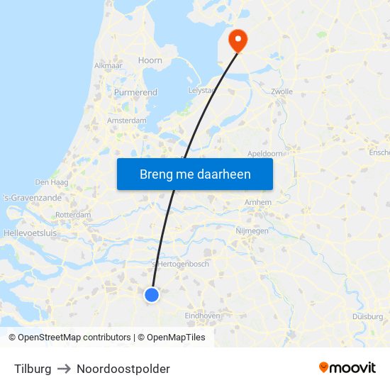 Tilburg to Noordoostpolder map