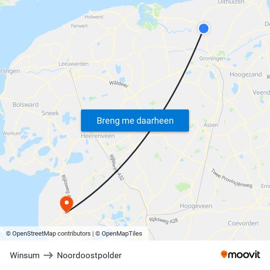 Winsum to Noordoostpolder map