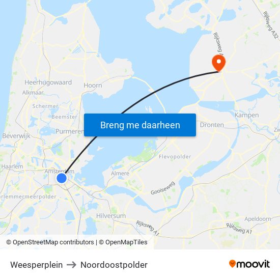 Weesperplein to Noordoostpolder map