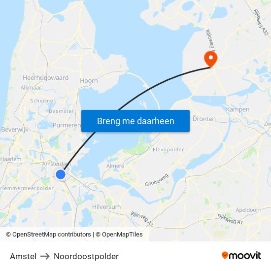 Amstel to Noordoostpolder map