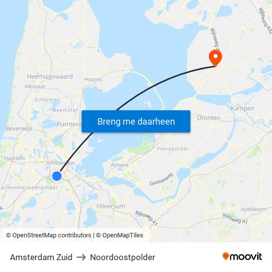 Amsterdam Zuid to Noordoostpolder map