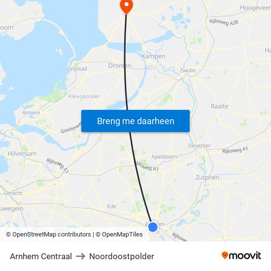 Arnhem Centraal to Noordoostpolder map