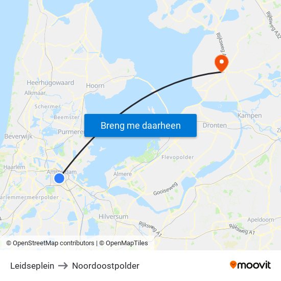 Leidseplein to Noordoostpolder map