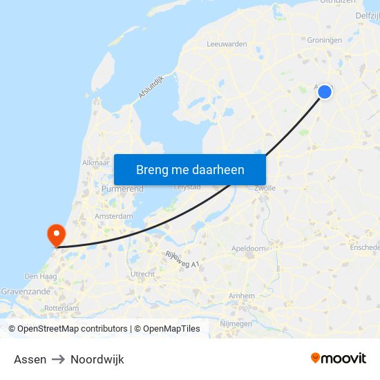 Assen to Noordwijk map