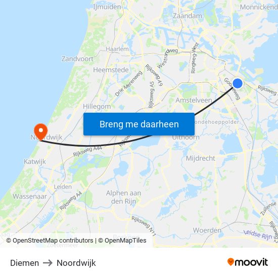 Diemen to Noordwijk map