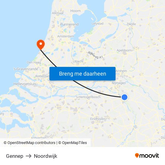 Gennep to Noordwijk map