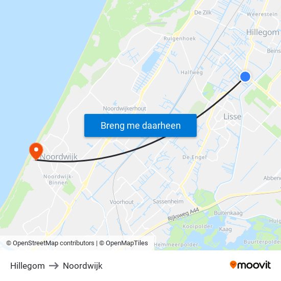 Hillegom to Noordwijk map