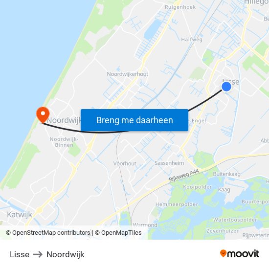Lisse to Noordwijk map