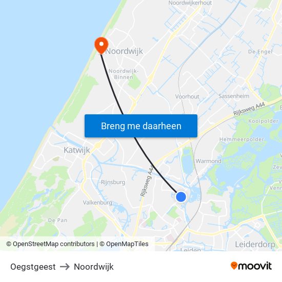 Oegstgeest to Noordwijk map