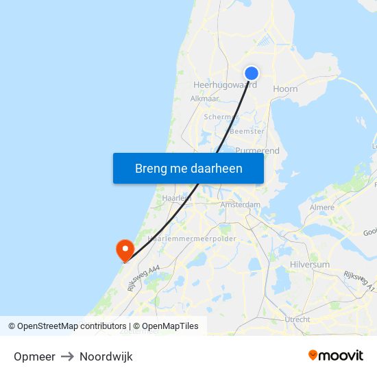 Opmeer to Noordwijk map