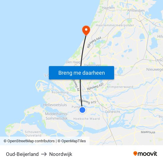 Oud-Beijerland to Noordwijk map