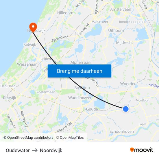 Oudewater to Noordwijk map
