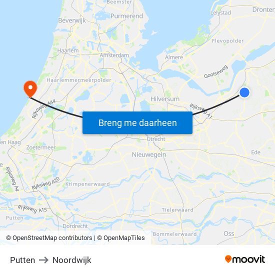 Putten to Noordwijk map