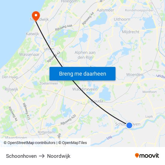 Schoonhoven to Noordwijk map