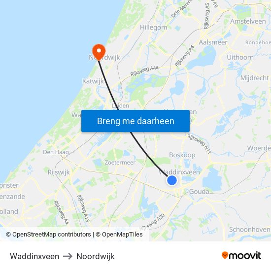 Waddinxveen to Noordwijk map