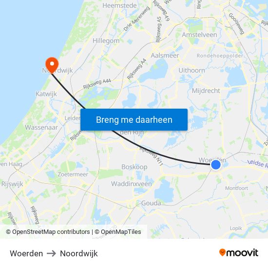 Woerden to Noordwijk map