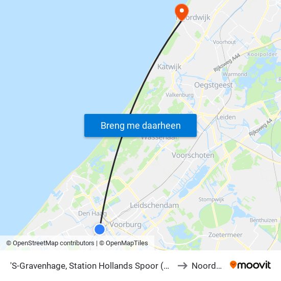 'S-Gravenhage, Station Hollands Spoor (Perron A) to Noordwijk map