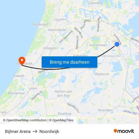 Bijlmer Arena to Noordwijk map