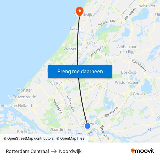Rotterdam Centraal to Noordwijk map