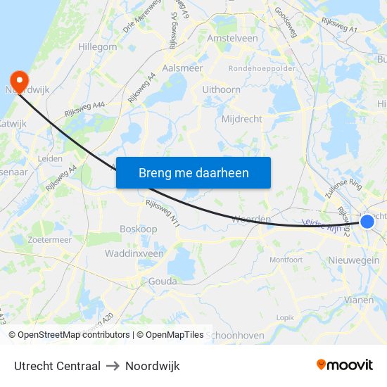 Utrecht Centraal to Noordwijk map