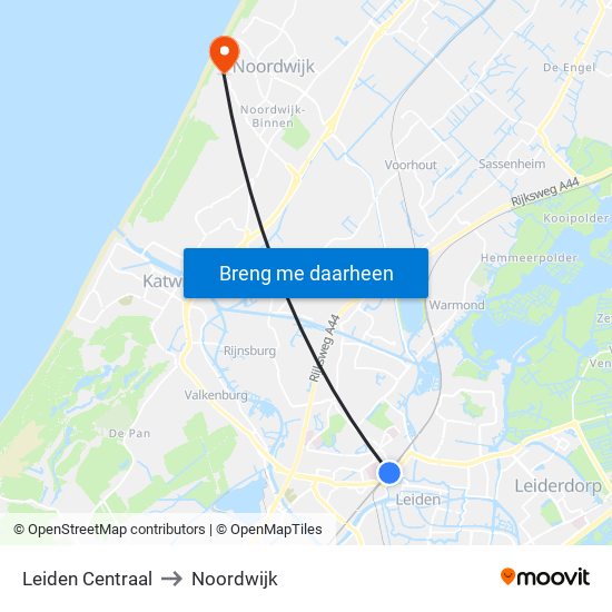 Leiden Centraal to Noordwijk map