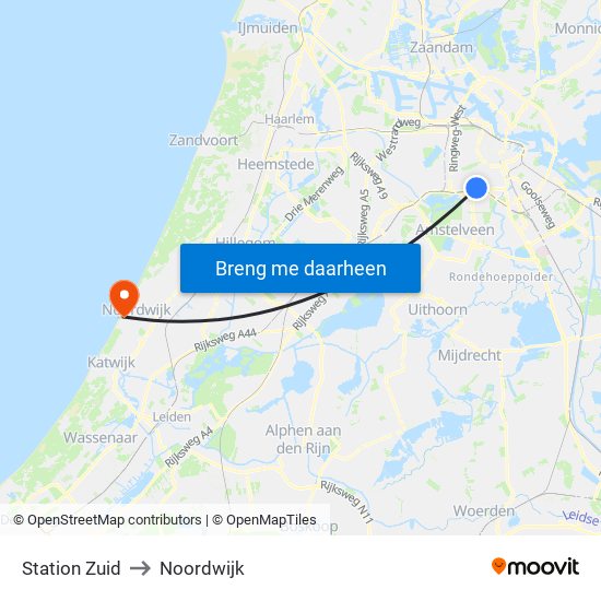 Station Zuid to Noordwijk map