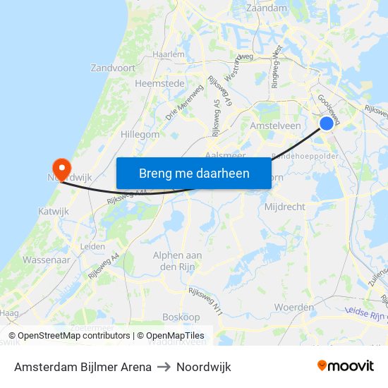 Amsterdam Bijlmer Arena to Noordwijk map