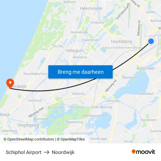 Schiphol Airport to Noordwijk map