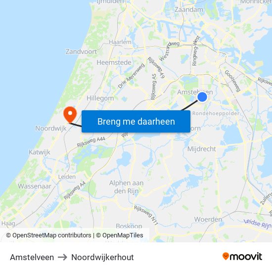 Amstelveen to Noordwijkerhout map
