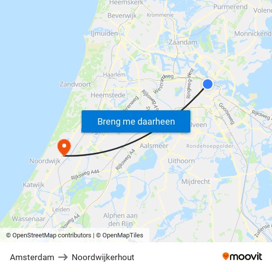 Amsterdam to Noordwijkerhout map