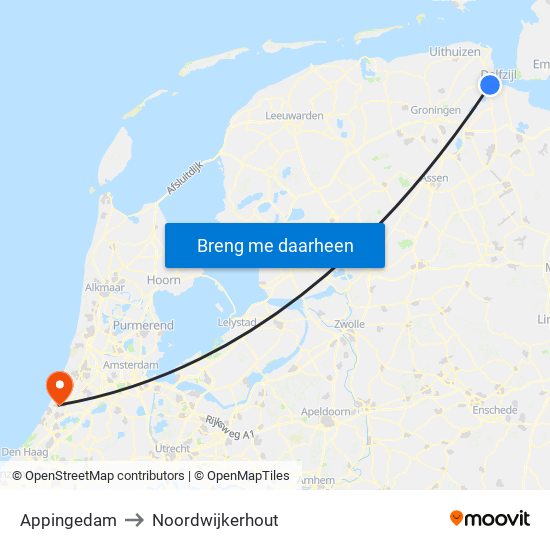 Appingedam to Noordwijkerhout map