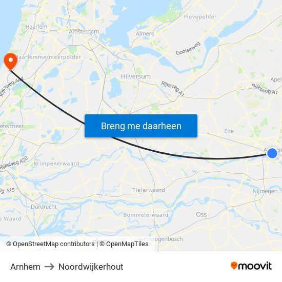 Arnhem to Noordwijkerhout map
