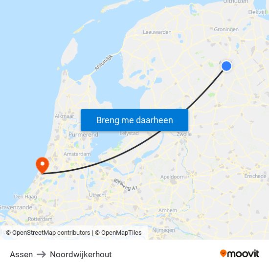 Assen to Noordwijkerhout map