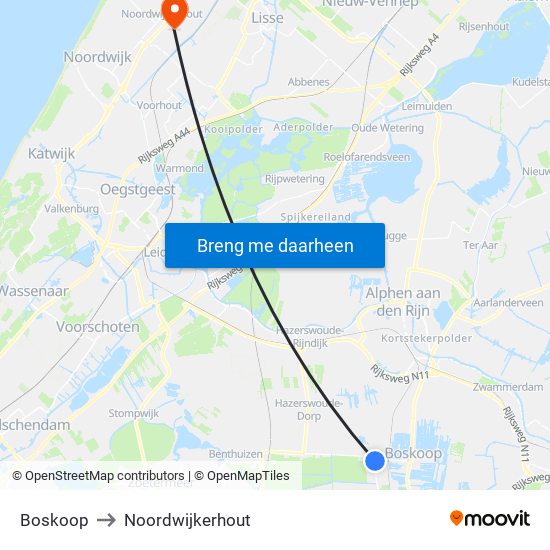 Boskoop to Noordwijkerhout map