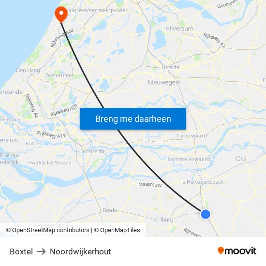Boxtel to Noordwijkerhout map