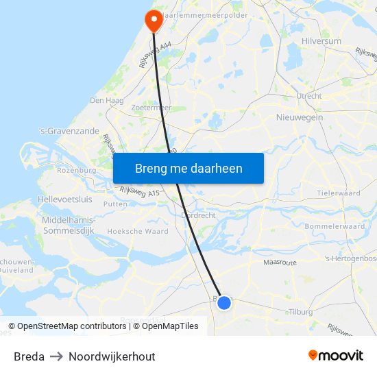 Breda to Noordwijkerhout map