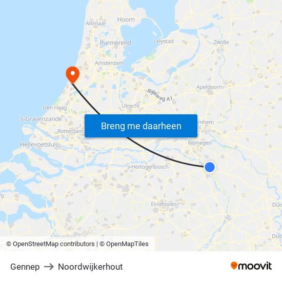 Gennep to Noordwijkerhout map