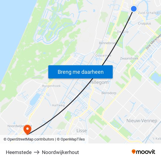 Heemstede to Noordwijkerhout map