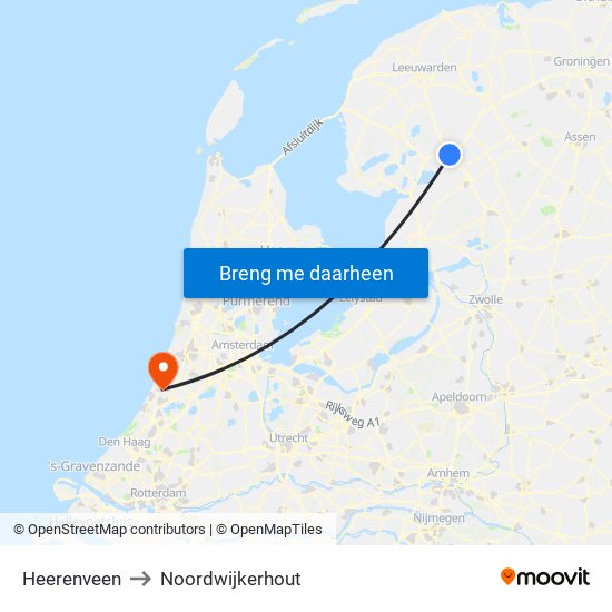 Heerenveen to Noordwijkerhout map