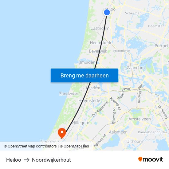 Heiloo to Noordwijkerhout map