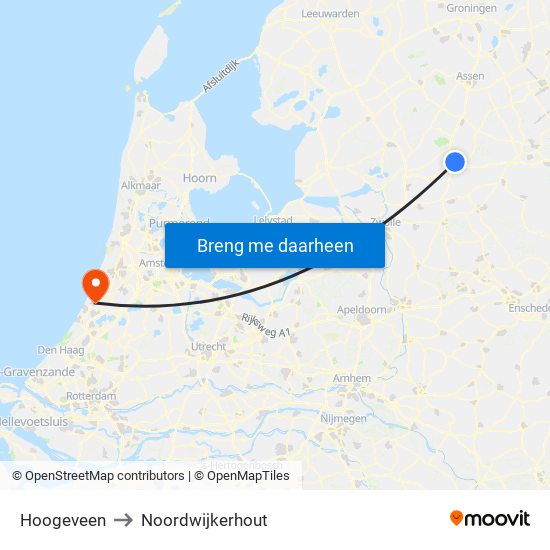 Hoogeveen to Noordwijkerhout map