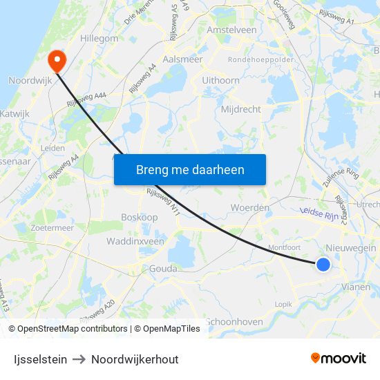 Ijsselstein to Noordwijkerhout map