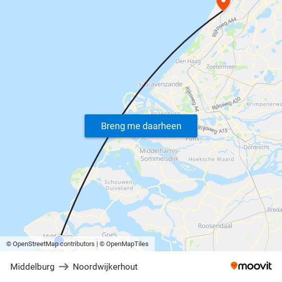 Middelburg to Noordwijkerhout map