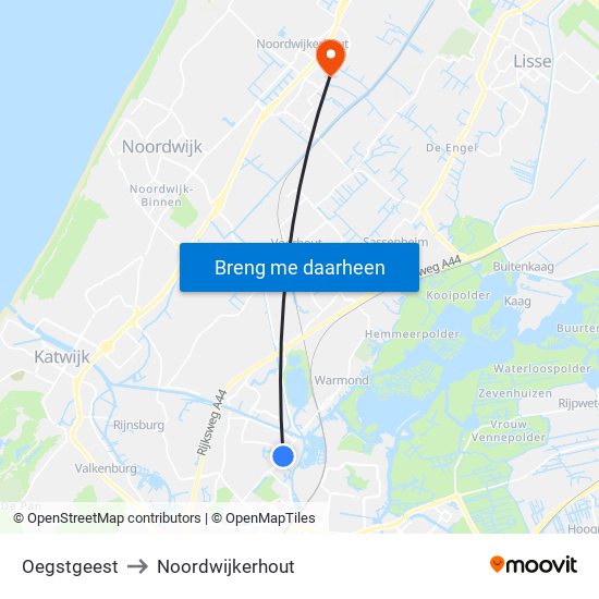 Oegstgeest to Noordwijkerhout map