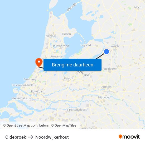 Oldebroek to Noordwijkerhout map