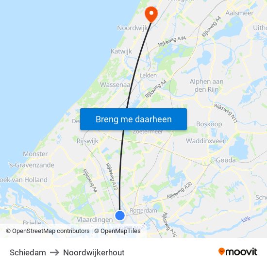 Schiedam to Noordwijkerhout map