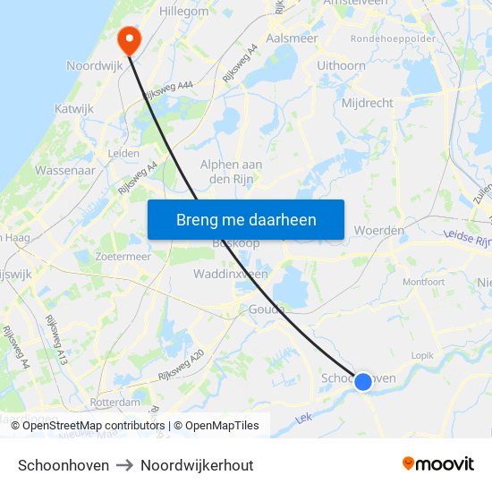 Schoonhoven to Noordwijkerhout map