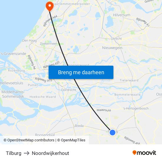 Tilburg to Noordwijkerhout map