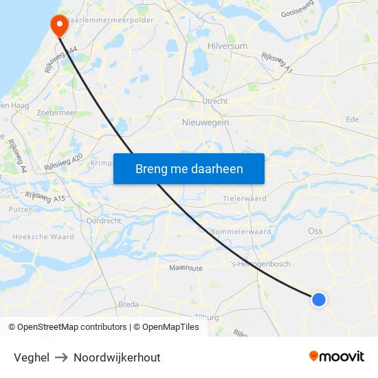 Veghel to Noordwijkerhout map